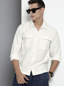 The Indian Garage Co - Men Regular Fit White Textured Full Sleeves Cutaway Collar Overshirt