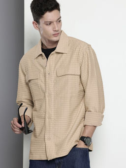 The Indian Garage Co - Men Regular Fit Beige Textured Full Sleeves Cutaway Collar Overshirt