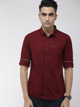 The Indian Garage Co - Men Slim Fit Maroon Solid Full Sleeves Cutaway Collar Casual Shirt