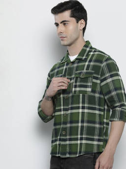 The Indian Garage Co - Men Regular Fit Olive Checkered Full Sleeves Spread Collar Shirt