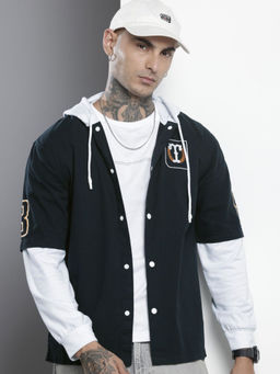 The Indian Garage Co - Men Regular Fit Navy Blue Typography Full Sleeves Hooded Shirt