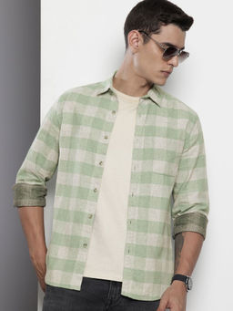 The Indian Garage Co - Men Slim Fit Green Checked Full Sleeves Cutaway Collar Shirt