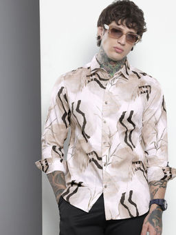The Indian Garage Co - Men Slim Fit Beige Printed Full Sleeves Cutaway Collar Shirt