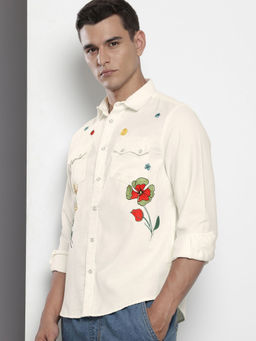 The Indian Garage Co - Men Regular Fit White Floral Embroidered Full Sleeves Cutaway Collar Shirt