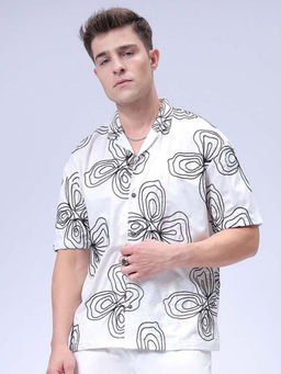 The Indian Garage Co - Men Relaxed Fit White Embroidered Half Sleeves Cuban Collar Shirt