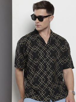 The Indian Garage Co - Men Relaxed Fit Black Embroidered Half Sleeves Cuban Collar Shirt