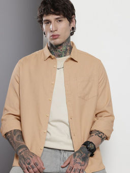 The Indian Garage Co - Men Regular Fit Peach Solid Full Sleeves Cutaway Collar Shirt