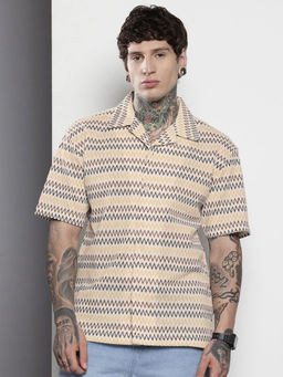 The Indian Garage Co - Men Relaxed Fit Beige Geometric Half Sleeves Cuban Collar Shirt