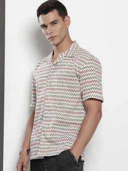 The Indian Garage Co - Men Relaxed Fit Beige Geometric Half Sleeves Cuban Collar Shirt