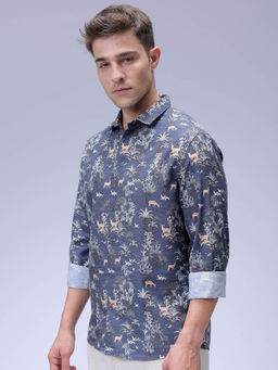 The Indian Garage Co - Men Regular Fit Blue Floral Printed Full Sleeves Cutaway Collar Shirt