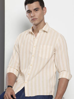 The Indian Garage Co - Men Regular Fit Beige Stripes Full Sleeves Cutaway Collar Shirt