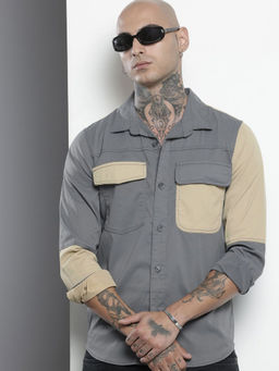 The Indian Garage Co - Men Regular Fit Grey Colorblock Full Sleeves Cutaway Collar Shirt
