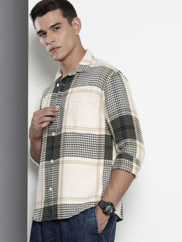 The Indian Garage Co - Men Relaxed Fit Beige Checks Full Sleeves Cutaway Collar Shirt