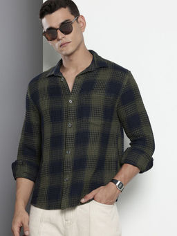 The Indian Garage Co - Men Relaxed Fit Olive Checks Full Sleeves Cutaway Collar Shirt