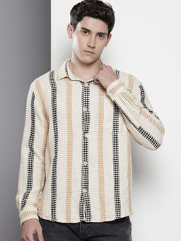 The Indian Garage Co - Men Relaxed Fit Beige Stripes Full Sleeves Cutaway Collar Shirt