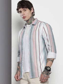 The Indian Garage Co - Men Regular Fit Multi-Color Striped Full Sleeves Cutaway Collar Shirt