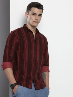The Indian Garage Co - Men Regular Fit Maroon Stripes Full Sleeves Cutaway Collar Shirt