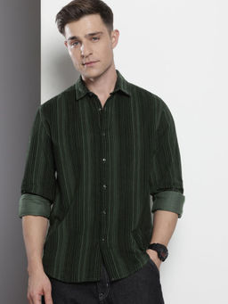 The Indian Garage Co - Men Regular Fit Green Stripes Full Sleeves Cutaway Collar Shirt