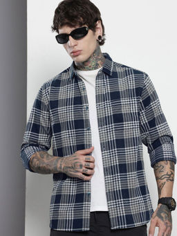 The Indian Garage Co - Men Regular Fit Navy Blue Checks Full Sleeves Cutaway Collar Overshirt