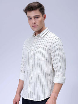 The Indian Garage Co - Men Regular Fit White Stripes Full Sleeves Cutaway Collar Casual Shirt