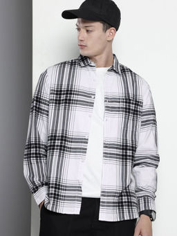 The Indian Garage Co - Men Regular Fit White Checks Full Sleeves Cutaway Collar Overshirt