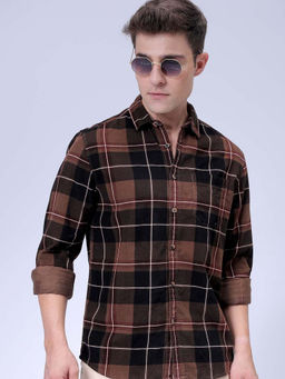 The Indian Garage Co - Men Regular Fit Brown Checks Full Sleeves Cutaway Collar Shirt