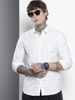 The Indian Garage Co - Men Slim Fit White Checked Full Sleeves Cutaway Collar Shirt