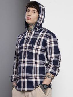 The Indian Garage Co - Men Regular Fit Navy Blue Checked Full Sleeves Hooded Shirt