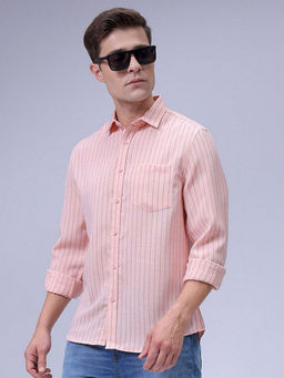 The Indian Garage Co - Men Slim Fit Coral Striped Full Sleeves Cutaway Collar Shirt