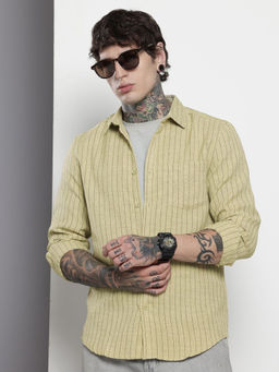 The Indian Garage Co - Men Slim Fit Yellow Striped Full Sleeves Cutaway Collar Shirt