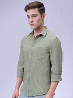 The Indian Garage Co - Men Slim Fit Green Striped Full Sleeves Cutaway Collar Shirt