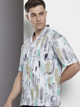 The Indian Garage Co - Men Relaxed Fit White Printed Half Sleeves Cuban Collar Shirt