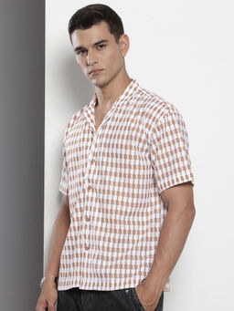 The Indian Garage Co - Men Relaxed Fit Brown Self Design Half Sleeves Cuban Collar Shirt