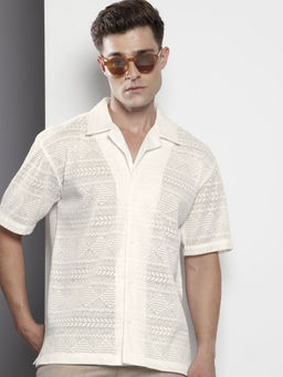 The Indian Garage Co - Men Relaxed Fit White Self Design Half Sleeves Cuban Collar Shirt
