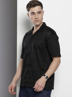 The Indian Garage Co - Men Relaxed Fit Black Self Design Half Sleeves Cuban Collar Shirt