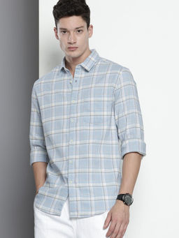 The Indian Garage Co - Men Slim Fit Blue Checked Full Sleeves Cutaway Collar Shirt