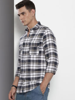 The Indian Garage Co - Men Slim Fit Black Checked Full Sleeves Cutaway Collar Shirt