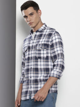The Indian Garage Co - Men Slim Fit Navy Blue Checked Full Sleeves Cutaway Collar Shirt