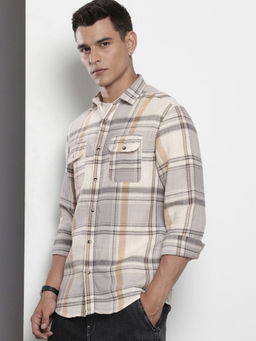 The Indian Garage Co - Men Slim Fit Grey Checked Full Sleeves Cutaway Collar Shirt