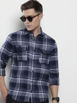 The Indian Garage Co - Men Slim Fit Navy Blue Checked Full Sleeves Cutaway Collar Shirt