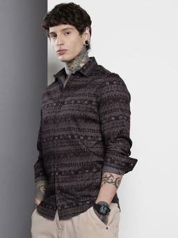 The Indian Garage Co - Men Slim Fit Black Geometric Printed Full Sleeves Cutaway Collar Shirt