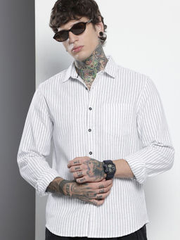 The Indian Garage Co - Men Slim Fit White Striped Full Sleeves Cutaway Collar Shirt
