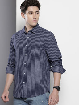 The Indian Garage Co - Men Slim Fit Navy Blue Striped Full Sleeves Cutaway Collar Shirt