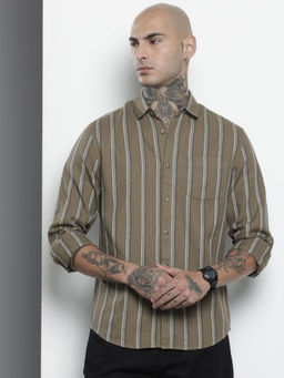 The Indian Garage Co - Men Slim Fit Beige Striped Full Sleeves Cutaway Collar Shirt