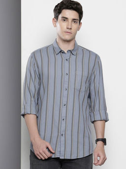 The Indian Garage Co - Men Slim Fit Blue Striped Full Sleeves Cutaway Collar Shirt