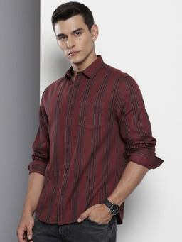 The Indian Garage Co - Men Slim Fit Maroon Striped Full Sleeves Cutaway Collar Shirt