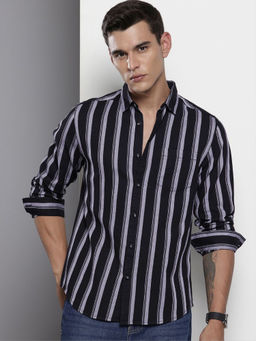 The Indian Garage Co - Men Slim Fit Black Striped Full Sleeves Cutaway Collar Shirt