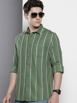 The Indian Garage Co - Men Slim Fit Green Striped Full Sleeves Cutaway Collar Shirt