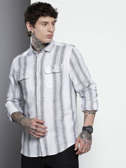 The Indian Garage Co - Men Slim Fit White Striped Full Sleeves Cutaway Collar Shirt