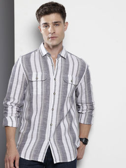 The Indian Garage Co - Men Slim Fit Grey Striped Full Sleeves Cutaway Collar Shirt